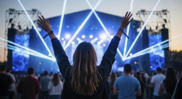 Young woman celebrating at an outdoor music concert with bright stage lights and a large crowd. photo