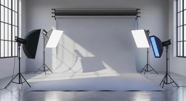 Empty professional photography studio with grey seamless backdrop and lighting equipment photo