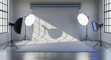 Empty professional photography studio with seamless grey backdrop and lighting equipment photo
