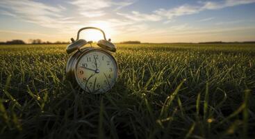 Classic brass alarm clock in dewy green grass at sunrise, symbolizing new beginnings. photo