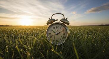 Classic brass alarm clock in a dewy green grass field at golden sunrise, symbolizing new beginnings photo