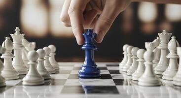 Man moving blue queen chess piece on board, symbolizing strategy and business leadership. photo