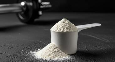 White protein powder in a scoop on a dark surface with a blurred dumbbell. photo