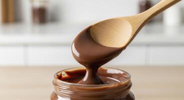 Close up of a wooden spoon dipping into a jar of rich, glossy chocolate spread photo