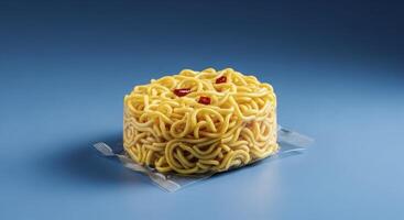 Dry instant ramen noodles in a clear plastic package with red pepper on a blue background photo