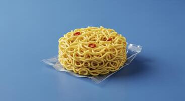 Compact block of yellow instant noodles in clear plastic packaging with red pepper flakes photo