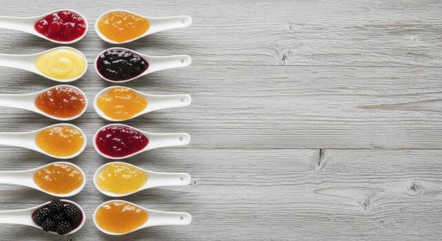 Assortment of colorful fruit jams and spreads in white spoons on a rustic wooden table photo