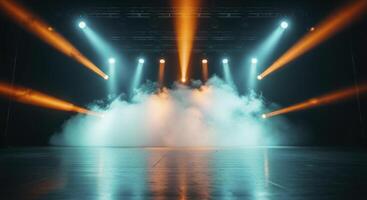 Empty concert stage with dramatic teal and orange spotlights and atmospheric smoke photo