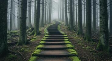Winding wooden staircase ascends through a dense misty forest with moss lined steps photo