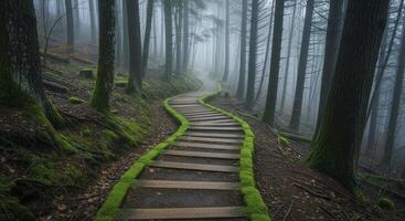 Winding wooden staircase with moss in a dense misty forest landscape photo