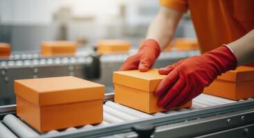 Worker in red gloves places orange boxes on a conveyor belt for efficient packaging photo