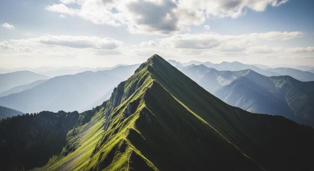 Aerial view of a sharply pointed lush green mountain peak under a bright partly cloudy sky photo