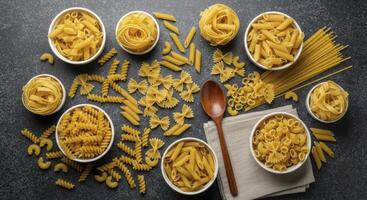 Assortment of dry pasta shapes including fusilli, penne, farfalle, and spaghetti on a dark surface photo