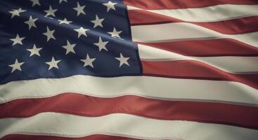 Close up of a waving American flag with detailed fabric texture and a vintage color tone photo