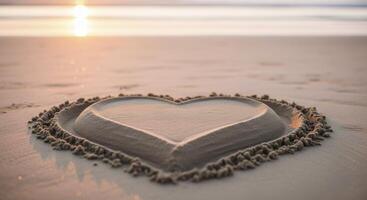 Heart shape sculpted in sand on a tranquil beach at sunrise with warm golden light photo