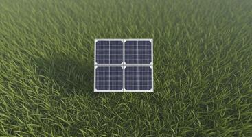 Small square solar panel array on green grass field from an overhead perspective photo