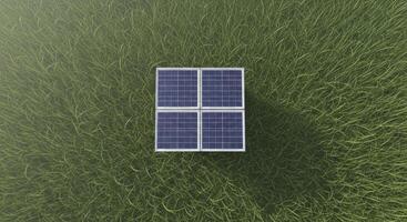 Overhead view of four solar panels on green grass symbolizing clean renewable energy photo