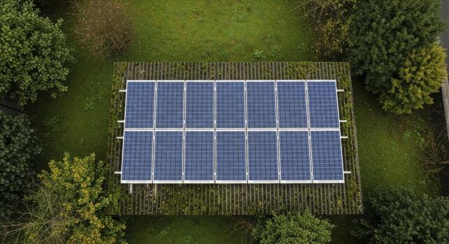 gastos generales ver de solar paneles en un acanalado techo rodeado por verdor foto