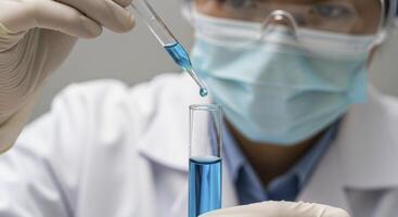 Scientist in lab coat and mask conducting a precise chemical experiment photo