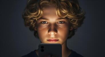 Teenage boy face illuminated by smartphone screen in a dark environment photo