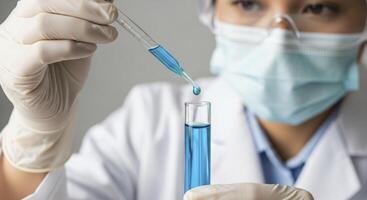 Scientist in lab coat and mask conducting a precise chemical experiment with blue liquid. photo