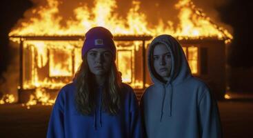 Two young women stand in front of a house engulfed in flames at night. photo