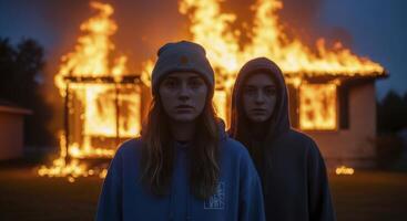 Two young women stand solemnly before a house engulfed in flames at night. photo