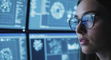Young woman in glasses analyzing complex data on multiple computer screens photo