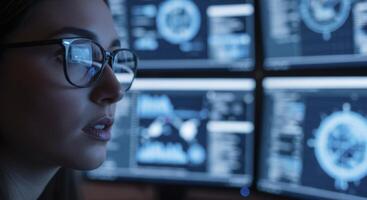Focused Young Woman in Glasses Analyzing Digital Data on Multiple Computer Screens photo