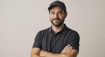 Confident young man in a dark polo shirt and cap with arms crossed in studio portrait photo