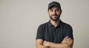 Confident young man in a dark polo shirt and cap with arms crossed smiling at camera photo