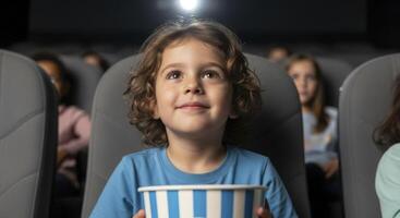 Joyful young child with curly hair watching a movie in a cinema with popcorn photo