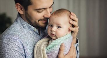 A loving father gently holds his newborn baby wrapped in a soft pastel knitted blanket. photo
