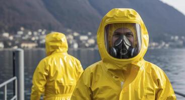 Two men in yellow hazmat suits and gas masks on a dock by a lake with mountains photo