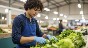 Young man in blue apron and gloves sorting fresh green lettuce at a market photo