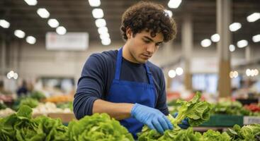 Young man in blue apron and gloves sorting fresh green lettuce photo