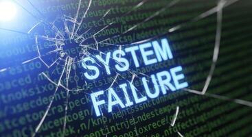 Shattered computer screen with SYSTEM FAILURE message and abstract digital code photo