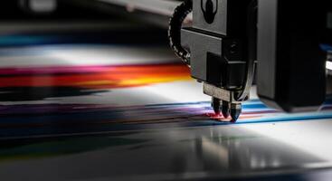 Industrial Printer Head Depositing Colorful Ink on a Surface photo