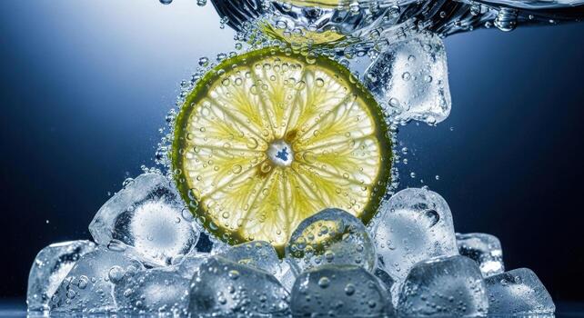 Bright Lime Slice and Ice Cubes Splashing in Refreshing Water with Bubbles photo