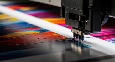 Close up of an industrial printer head applying vibrant ink colors to create a colorful design photo