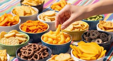 Hand Reaching for Cheese Puff Amidst Assortment of Savory Snacks in Bowls photo