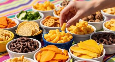Hand Reaching for Cheese Puff Among Assorted Snacks in Bowls on a Colorful Tablecloth photo