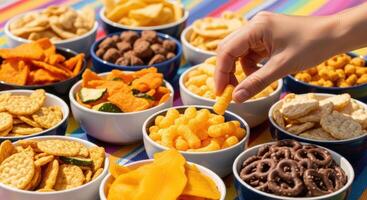Hand reaching for a cheese puff from a vibrant assortment of savory snacks in bowls. photo