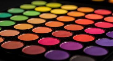 Vibrant makeup palette with a wide spectrum of colorful eyeshadows in circular pans photo
