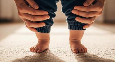 Adult hands gently supporting a baby feet as the child learns to take their first steps photo