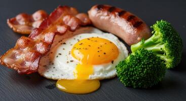 Deconstructed breakfast with crispy bacon, fried egg, grilled sausage, and fresh broccoli photo