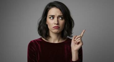 Young Woman with Hesitant Expression Pointing Upwards, Showing Uncertainty photo