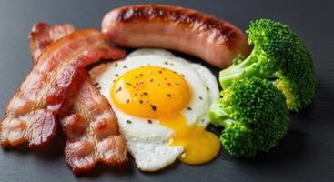 Deconstructed breakfast with crispy bacon, fried egg, sausage, and fresh broccoli. photo