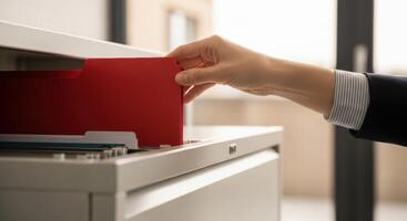 Woman organizing important documents in a filing cabinet with a red file photo