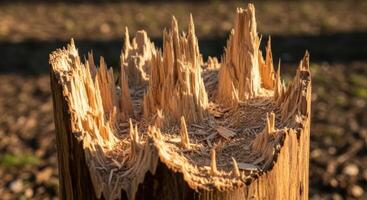 Close up of a broken tree stump with splintered wood texture under natural sunlight photo